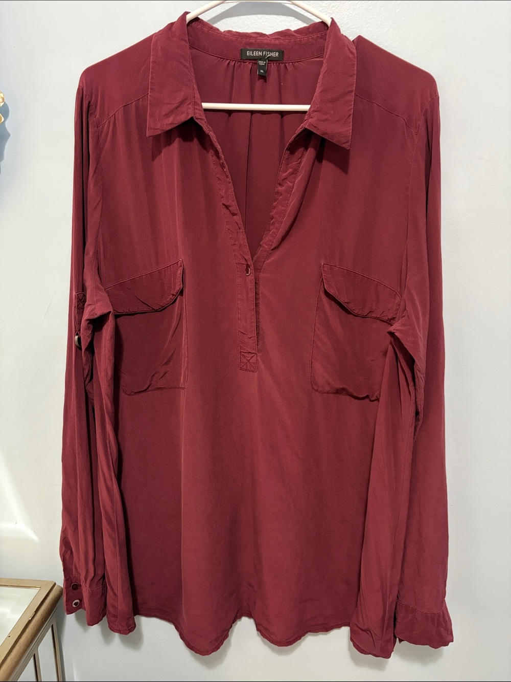 Eileen Fisher 100 % silk Deep Plum Long-Sleeve Henley Tunic